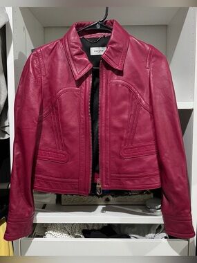 COACH Raspberry red Leather Zip-Front Jacket